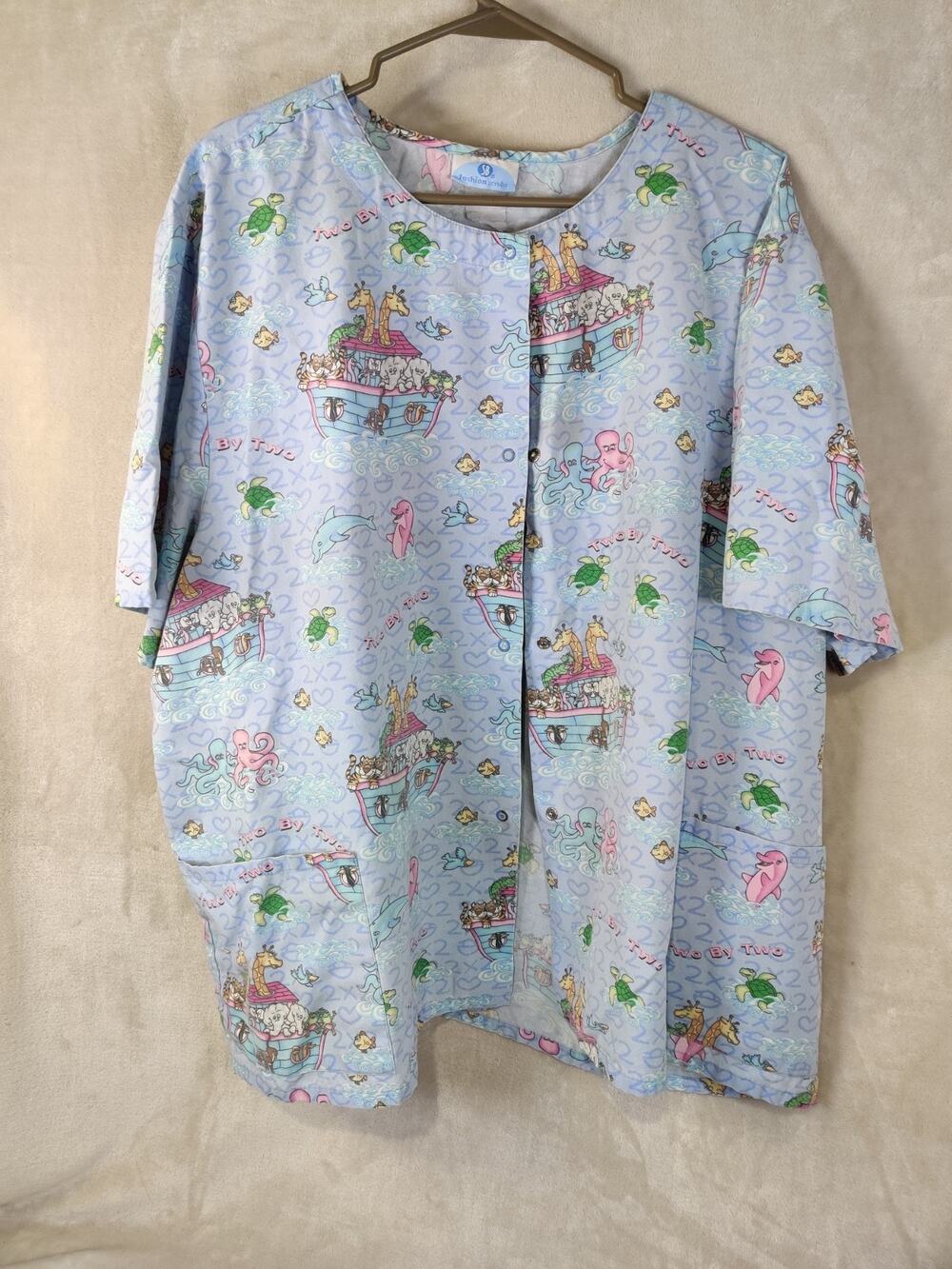 SB Fashion Scrubs Snap Down Noah's Ark Scrub Top Size XL